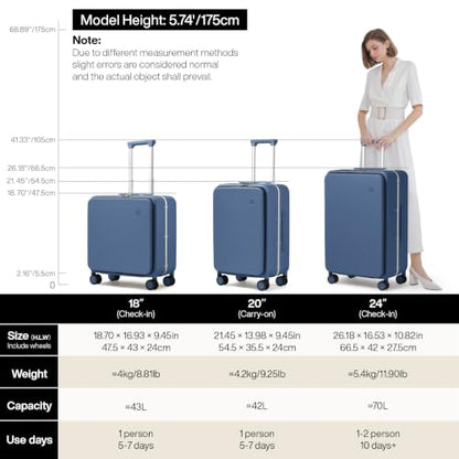 mixi Carry On Luggage, 18” Suitcase with Front Pocket, Travel Luggage Aluminum Frame PC Hardside with Spinner Wheels & TSA Lock and Cover (Not for Underseat), Sapphire Blue - color: Sapphire Blue, size: 18-inch