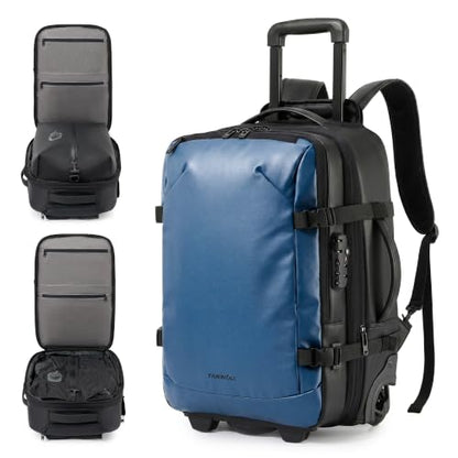Fanwoli Rolling Travel Backpack with One-Button Vacuum System, 55L, Blue - color: Blue