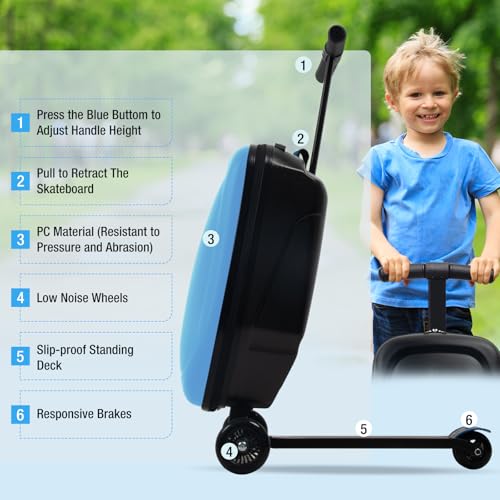 Apelila Ride-On Luggage for Kids & Adults, 2-in-1 Foldable Scooter Suitcase 20", Hardshell Carry-On Travel Suitcase with Wheels, Lightweight - color: Light Blue