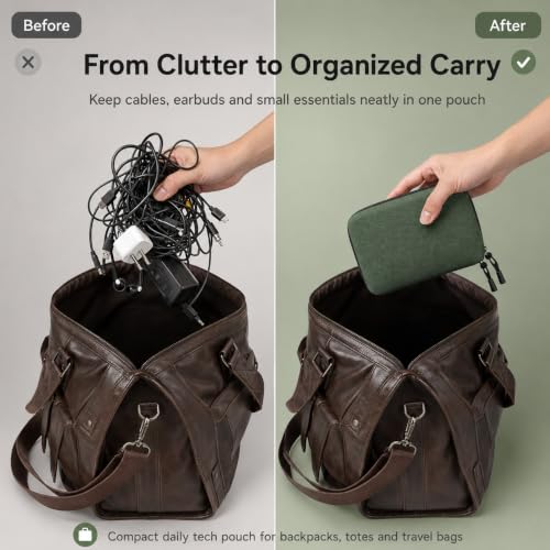 Electronics Travel Organizer, Compact Charger Case | Soft padded polyester helps protect cables, power banks, adapters and earbuds from light splashes and daily scratches - color: Green