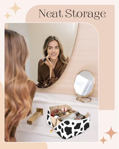 Bistup Makeup Bag Travel Cosmetic Bag Toiletry Make Up Bags Cute Women Large Capacity Big Medium Leather Cow Print Aesthetic Girl Teen Teenage Foldable Expandable Open Flat Zip - color: 5-Cow Print