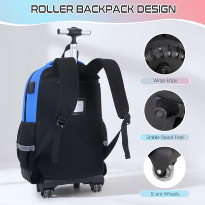 3PCS Gamer Boys Rolling Backpack with Lunch Box & Pencil Pouch (Blue Black) - color: Blue