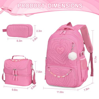 DIGOBAY Quilted Backpack for Girls with Lunch Bag Pencil Case - color: Magenta