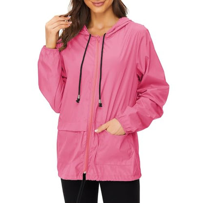 Zando Lightweight Rain Jacket Women Packable Waterproof Raincoat with Hood - color: Hot Pink, size: XX-Large
