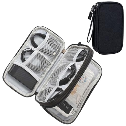 Travel Organizer Pouch, Waterproof Double Layer Electronics Accessory Carry Bag, Compact Storage for Chargers, Cords, Earphones (Black)