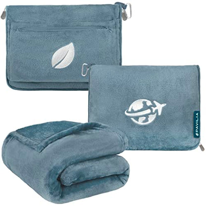 PAVILIA Compact 2-in-1 Travel Blanket Pillow for Airplane Flight, Blue - color: Dusty Blue
