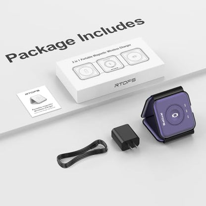 Wireless Charger 3 in 1,RTOPS Magnetic Travel Wireless Charging Station Multple Devices,GaN 3 in 1 Charging Station,Compatible for iPhone16/15/14/13/Pro/Max,iWatch,AirPods4/3/2/Pro (Adapter Includes) - color: deep purple