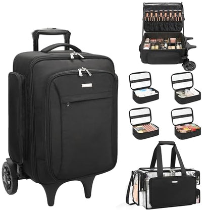 Relavel Rolling Makeup Case with Large Clear Makeup Bag, Black - color: 1-Black with Clear Makeup Bag