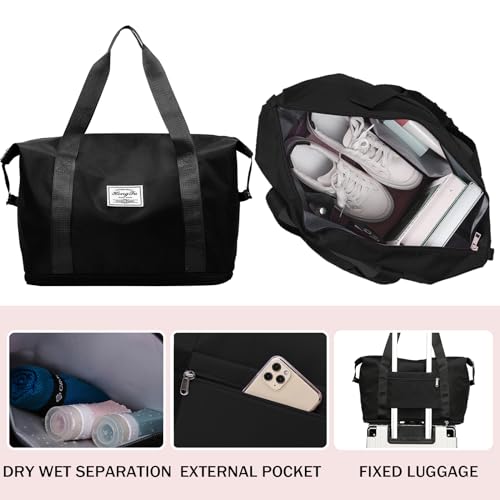 Travel Duffel Bag For Women and Men Waterproof Expandable Travel Bag Weekender Overnight Carry on Tote - color: black