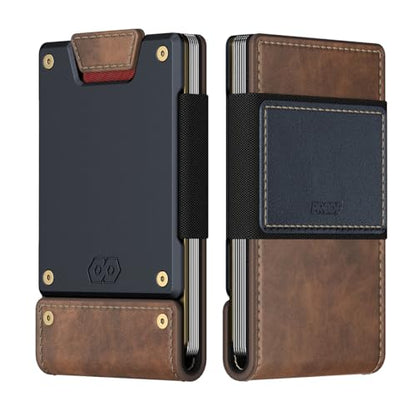 PROOF Slim Minimalist Wallets for Men | Leather & Metal | RFID Wallet - color: Leatherneck (Classic Brown Top Grain Leather | Navy Blue Gunmetal)
