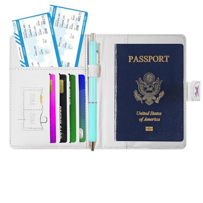 Passport Holder, Cute Travel Wallet Cover with RFID Blocking, | PU leather travel wallet with magnetic closure, card slots, pen loop, and easy access for passports and essentials. - color: E-Texture