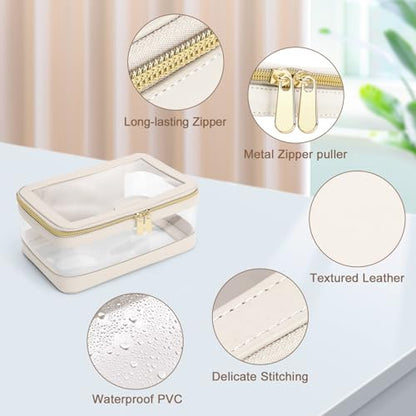 Soimeat Travel Clear Makeup Bag with Makeup Brush Bag, Leather Make up Case Toiletry Bag, Portable Cosmetic Bag Case, Transparent Waterproof Cosmetic Organizer Storage Bag for Women, Off-White - size: L