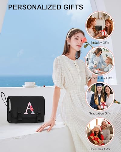 Relavel Bridesmaid Proposal Gifts, Initial Hanging Toiletry Bag, B | Hanging Cosmetic Bag with Metal Hook, Personalized Travel Gifts for Women, Large Capacity Makeup Pouch with Compartments - style: B