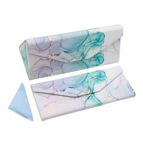 Foldable Glasses Case, Magnetic PU Leahter Sunglasses Case, Cute Hard Shell Folding Eyeglass Cases for Women Kids - color: Blue+pink Sand