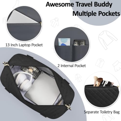 Tenot Quilted Duffle Bag for Women Travel Tote Bag with Luggage Sleeve - color: Black, size: Medium
