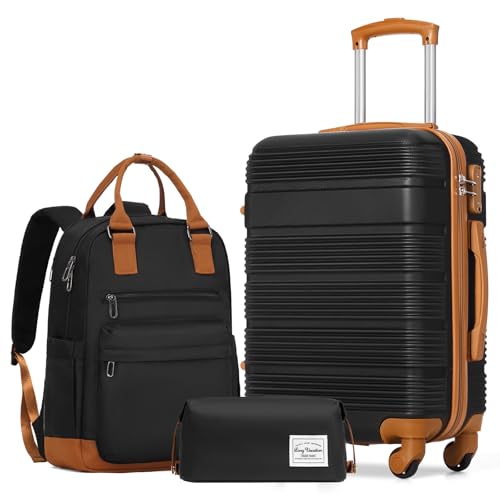 LONG VACATION Luggage Sets with Spinner Wheels, Carry on Suitcase 3 Piece - color: BLACK-BROWN, size: 3 piece set(BP)