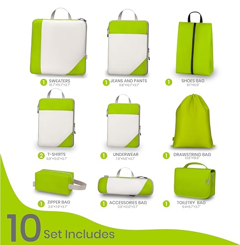 Compression Travel Packing Cubes with White Mesh, Green, 10Pcs - color: Green, size: Set of 10