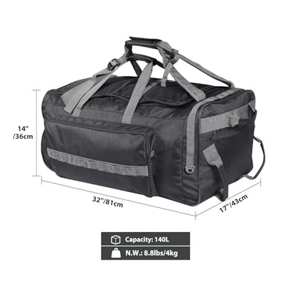 REDCAMP 85L/120L/140L Foldable Duffle Bag with Wheels, Large Travel Duffel Bag - color: 140L Black and Grey with Sturdy Bottom