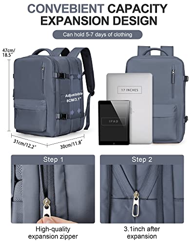 WONHOX Large Travel Laptop Backpack Expandable Flight Approved Backpack Carry on Backpack for Women Men Waterproof 17inch Laptop Daypack Hiking Work Backpack with Shoe Compartment Grey Blue - color: A4-greyblue