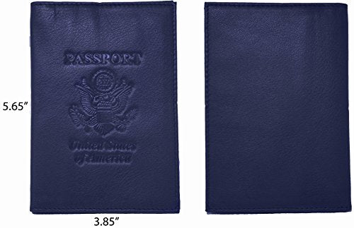 Genuine Cowhide Leather Navy Blue RFID-Blocking Passport Cover Case Holder & Wallet - color: Navy Blue (With RFID)