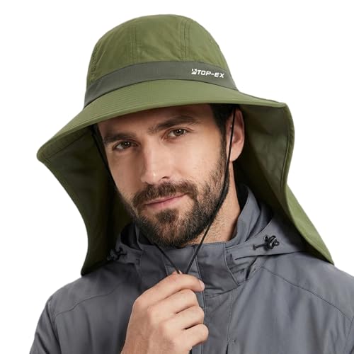 TOP-EX UPF 50+ Cooling Wide Brim Sun Hat for Men with Neck Flap, Packable - color: Bronze Green, size: Medium