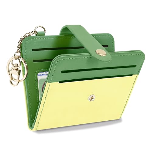 Airkit Small Wallet Women RFID, PU Leather Card Holder with Keychain - color: Light Yellow & Matcha Green