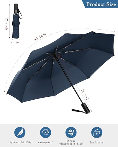 Compact Travel Umbrella, Windproof Auto Open & Close, Lightweight Design | Compact Travel Umbrella, Windproof Auto Open & Close, Lightweight Design - color: BLUE