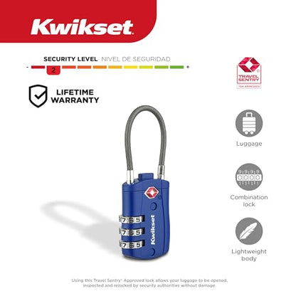 Kwikset TSA Approved Combination Luggage Lock with Cable, 2-Pack, Blue - color: Blue