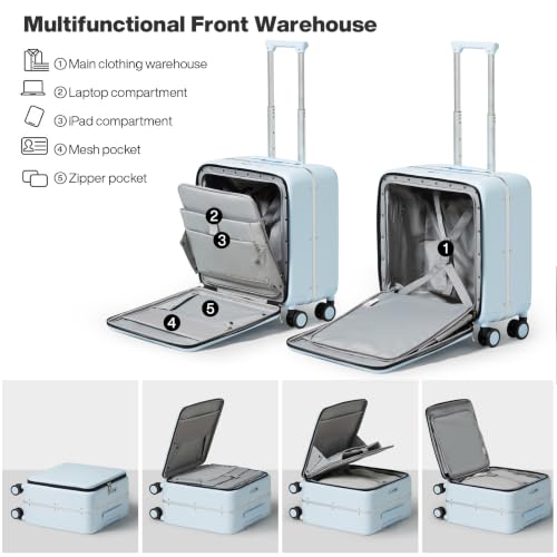 mixi Carry On Luggage, 18” Suitcase with Front Pocket, Travel Luggage Aluminum Frame PC Hardside with Spinner Wheels & TSA Lock and Cover (Not for Underseat), Glacier Blue - color: Glacier Blue, size: 18-inch