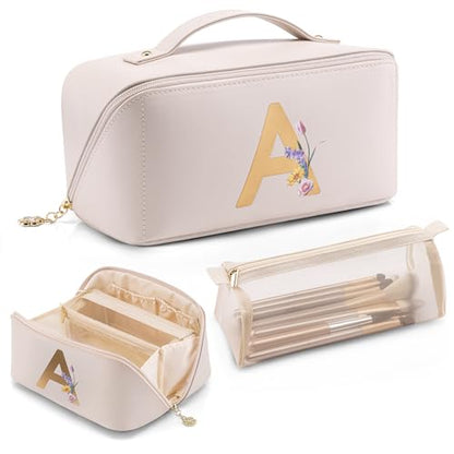 VLANDO Initial Makeup Bag with Separate Brush Pocket,Letter A,Off White - color: 14.White-A