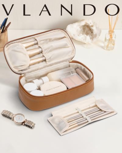 VLANDO Travel Makeup Bag with Separate Brush Storage,Brown - color: 01-Pebbled Brown