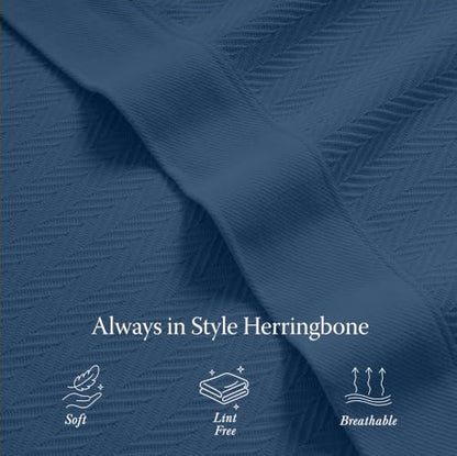Threadmill Luxury Cotton Blankets for King Size Bed | All-Season Cozy 100% Cotton King Size Blanket | Herringbone Soft Fall Thermal Blanket fits Cal King Size Bed | Folkstone Blue | All-Season Thermal Blanket, Soft & Breathable, Cozy Moisture-Wicking, OEK