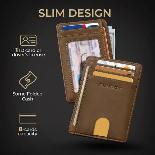 RUNBOX Slim Wallet for Men and Women, RFID Blocking Leather Card Holder - color: Classic Yellowish-brown