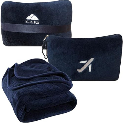 BlueHills Premium Soft Plush Mini Airplane Travel Blanket Pillow Navy Blue - color: Navy-m04