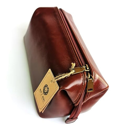 MAN & MANE Premium Leather Toiletry Bag, Cognac Brown