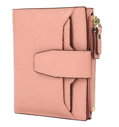 Women's RFID Blocking Leather Small Compact Bi-fold Zipper Pocket Wallet Card Case Purse with id Window - color: Lichee Pink