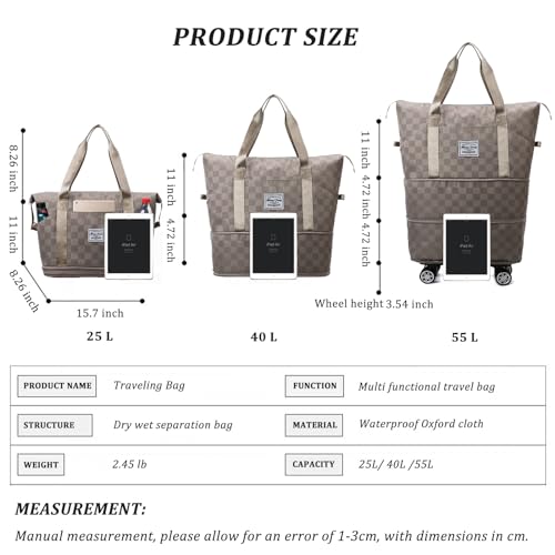 Expandable Foldable Duffel Bag Suitcases,Detachable Rolling Wheels,Rolling Duffle Bag with Wheels,Suitcase with Wheel,Carry on Luggage,Gift for Men Women Lightweight Suitcases (Khaki) - color: Khaki