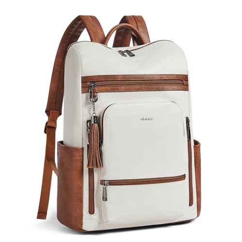 Shrrie Upgraded 17 inch Leather Laptop Backpack for Women - color: Beige With Brown