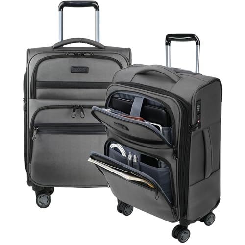 KROSER Softside Expandable Carry On Luggage with Front Business Pockets，20 Inch Suitcases with Spinner Wheels & Built-in TSA Lock, Durable Suitcase Rolling Luggage with USB Port, Grey - color: Grey-20, size: 20 inch