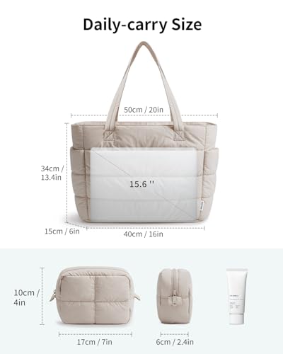 Narwey Nylon Puffer Tote Bag for Women, Quilted Work Nurse Teacher Tote Bag - color: Khaki