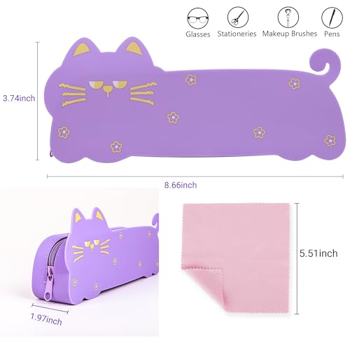 Cat Shaped Silicone Pencil Case - Aesthetic Purple Pen Holder for Artists & Office, Resilient Water-Repellent Travel Organizer, Cute Soft Pouch with Cleaning Cloth