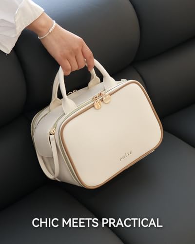 Prite Large Makeup Bag, Waterproof Travel Cosmetic Case with Brush Holder - color: Beige, size: Medium