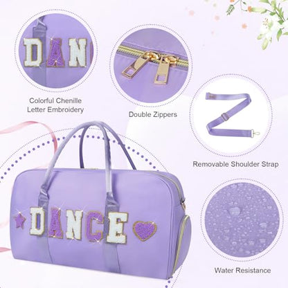 Dance Bag for Girls 2PCS Ballet Cheer Bag with Shoes Compartment Chenille Letter Embroidery for Dancer Travel Overnight bag - color: Purple