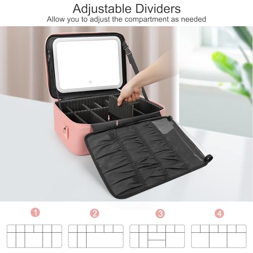 Chomeiu Makeup Bag with LED Mirror, Large Cosmetic Bag with Shoulder Strap - color: 01-Pink, size: Large