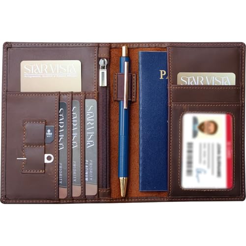 STAR VISTA Phoenix Leather Passport Holder, Full Grain Leather Travel Wallet- Slim, Bifold, RFID Blocking, ID Window, Coin Pocket, Card Slots, SIM Slots - color: Brown B