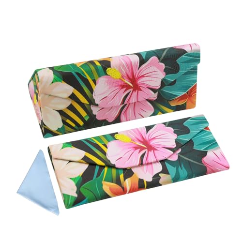 Foldable Glasses Case, Magnetic PU Leahter Sunglasses Case, Cute Hard Shell Folding Eyeglass Cases for Women Kids - color: Black Flower