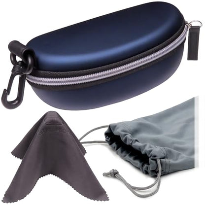 MyEyeglassCase Sports Sunglasses Case and Slim wallet Semi hard large glasses case w/belt clip soft pouch & cloth - color: B15hc Blue/Blue