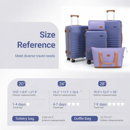 CONCEPTEN Luggage Sets 5 Piece, ABS+PC Hardshell Suitcases with Wheels - color: Slate Purple, size: 5 Piece Sets (20/24/28/Db/Tb)