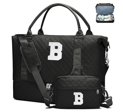 WOOMADA Initial Duffle Bag with Shoe Compartment,Personalized Weekender Bag, Overnight Bag for Women Girls, Gym Bag with Toiletry Bag - color: BLack, style: B