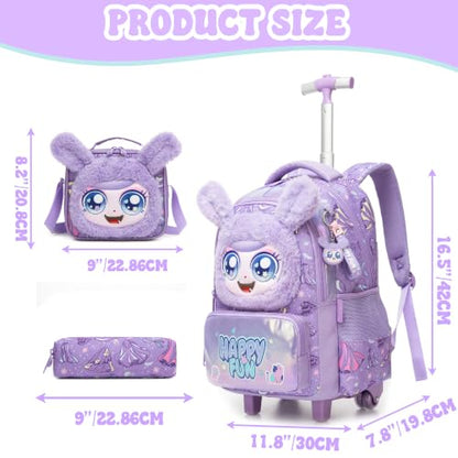 Girls Rolling Backpack for Kids with Wheels,Cute 3D Kids Rolling Backpack for School,Lightweight Kids Luggage for 6-8,Large Capacity BookBag with Wheels & Telescopic Handle - color: 3d Plush Cute Purple